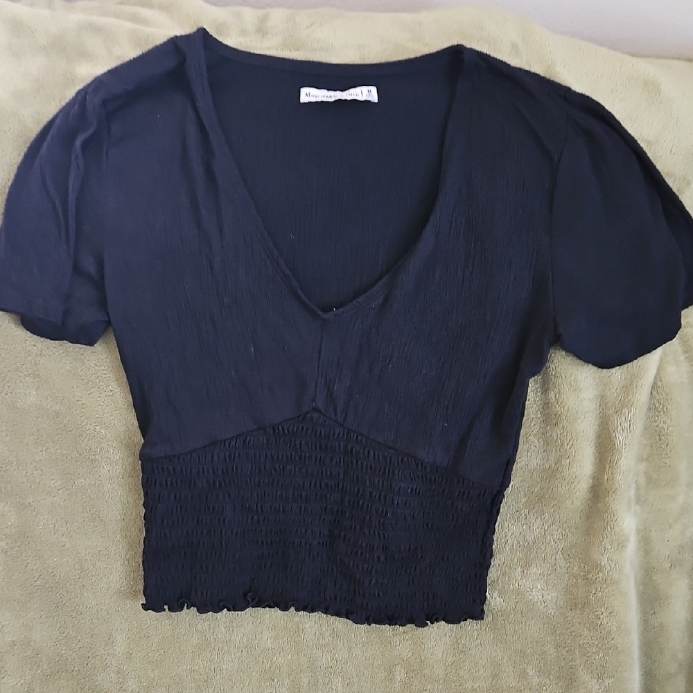 Blue Smocked Crop Blouse with Short Sleeves